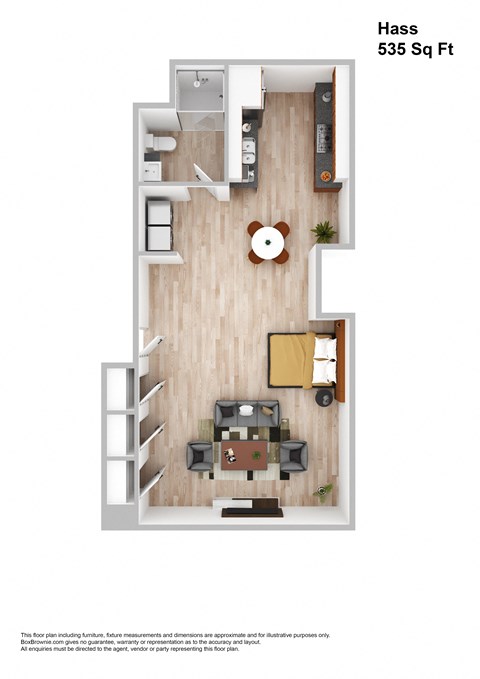 Floor plan for 1 bed, 1 bath, 535 sqft